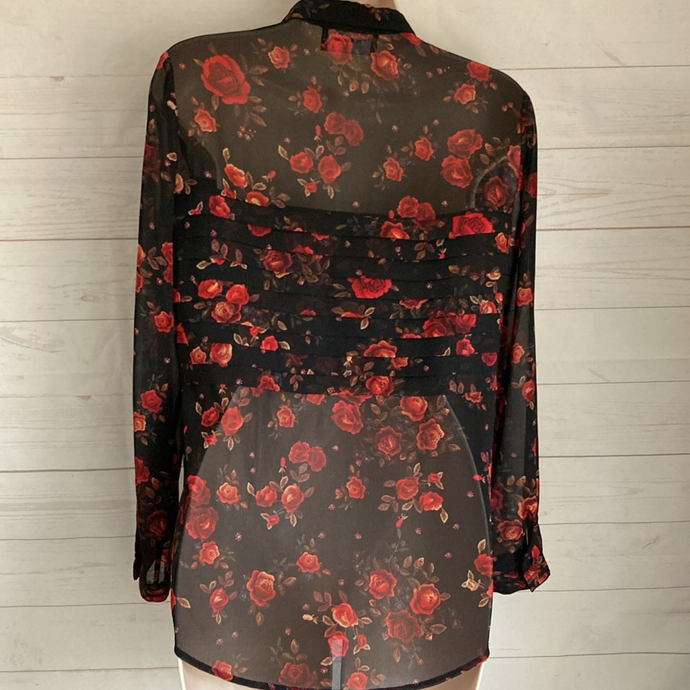 The Kooples Size XXS Romantic Floral Print Black Sheer button front Blouse - Picture 6 of 9